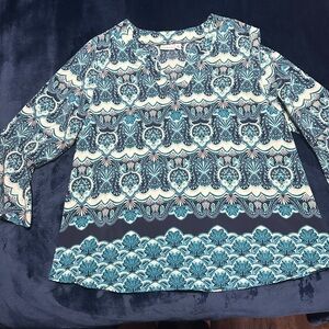 Kim Rogers Blue and White Boxy Blouse with Mandarin Collar